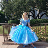 Cap Sleeve Ball Gown Blue Cinderella Dress Organza Birthday HZ0307