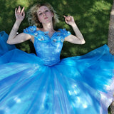 Cap Sleeve Ball Gown Blue Cinderella Dress Organza Birthday HZ0307