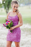 LTP1146,Neon Pink Sequin Lace-up Back Bodycon Mini HZ0307