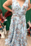 A-line V-neck Florals Ruffle Long Prom HZ0307