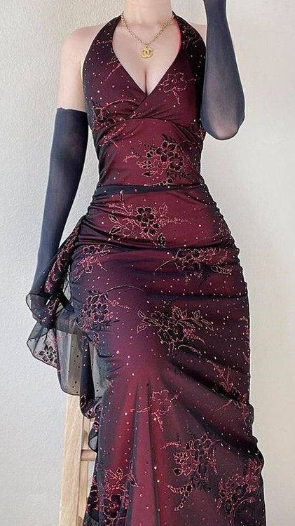 2000S' Formal Dresses Red Black Halter Prom Dress Lace Sheath Party HZ0307