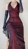 2000S' Formal Dresses Red Black Halter Prom Dress Lace Sheath Party HZ0307