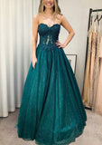 Glitter Sweetheart Tulle Appliques Long Prom Evening Dress, Green Blue Birthday HZ0307