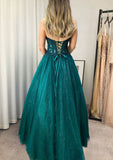 Glitter Sweetheart Tulle Appliques Long Prom Evening Dress, Green Blue Birthday HZ0307