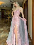 Pink Lace High Split Evening Prom HZ0307