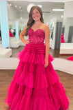 Hot Pink Sweetheart Prom Dress, Fuchsia Tiered Ruffles Evening HZ0307