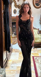 Glitter Black Sheath Prom Dress, Sexy See Through Party Dress, HZ0307