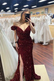 Off the shoulder Burgundy Sequin Mermaid Prom HZ0307