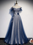 Navy Blue tulle long prom dress blue evening HZ0307
