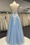 A-line Blue Tulle and White Lace Long Prom HZ0307