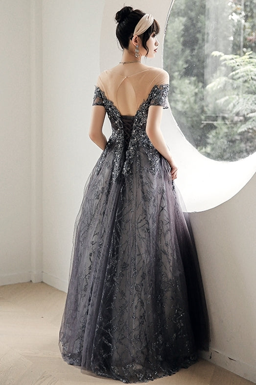 A-line Grey Appliques Long Formal HZ0307