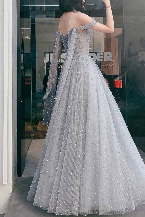 A-line Grey Tulle Long Prom Dress with HZ0307