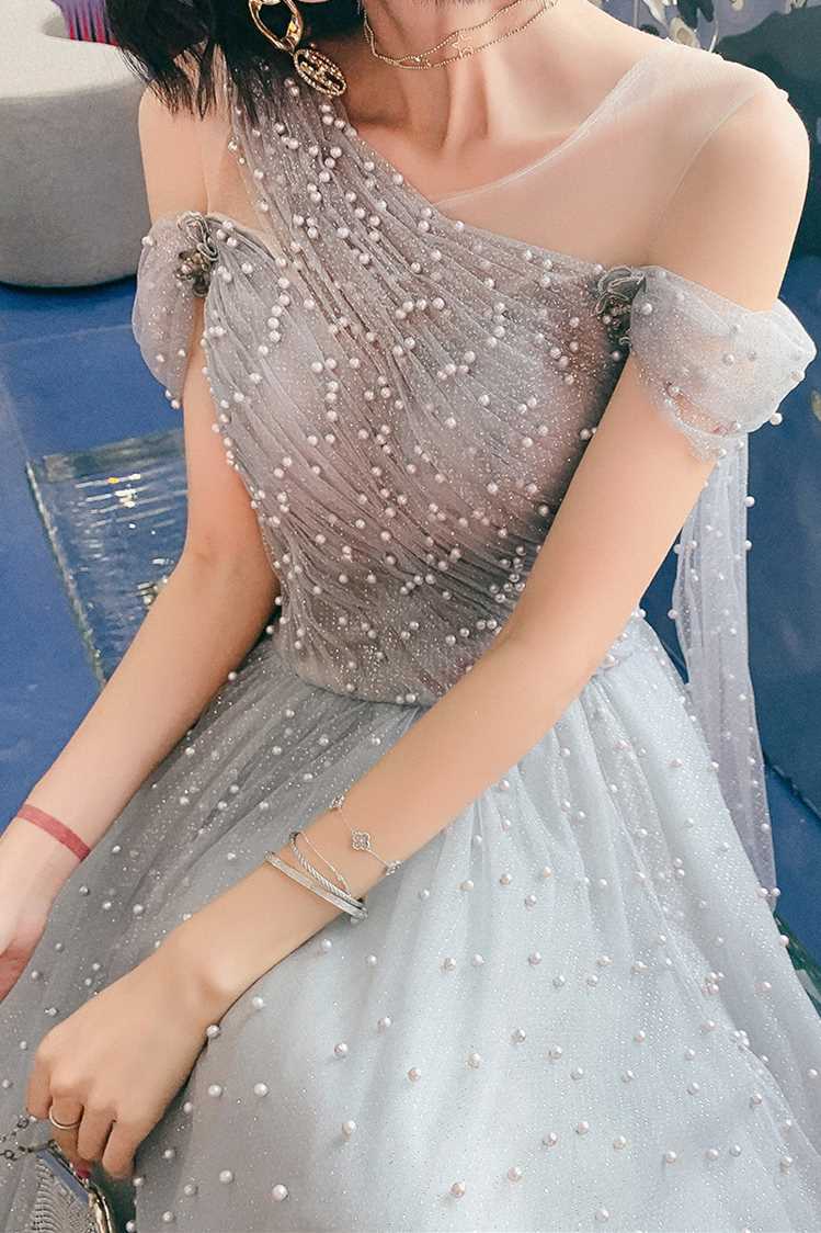 A-line Grey Tulle Long Prom Dress with HZ0307