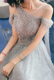 A-line Grey Tulle Long Prom Dress with HZ0307