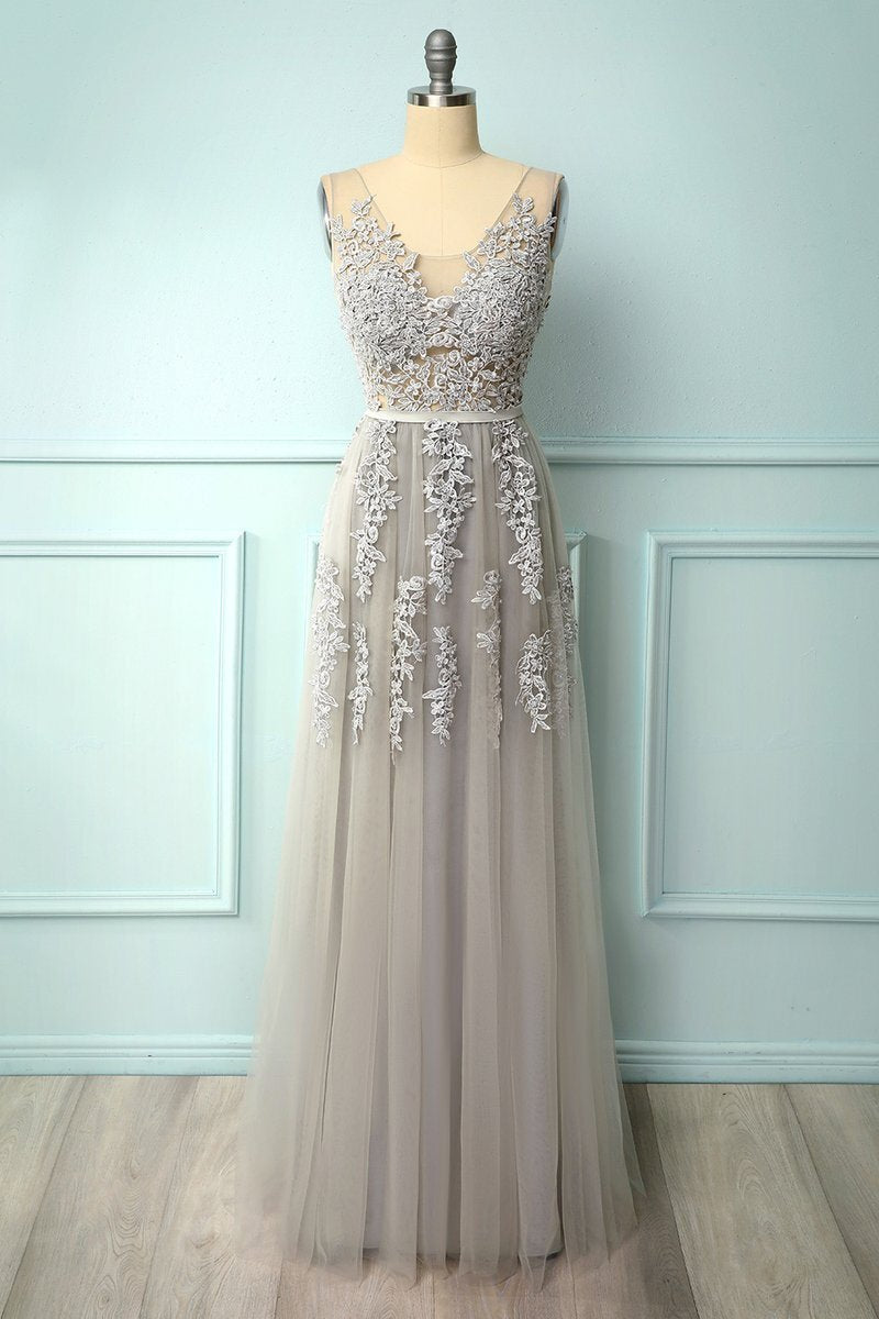 A-line Grey Tulle and Lace Long Formal HZ0307