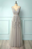 A-line Grey Tulle and Lace Long Formal HZ0307