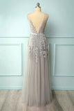 A-line Grey Tulle and Lace Long Formal HZ0307