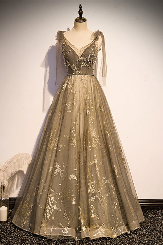 A-line Tulle Long Prom Dress with Tie HZ0307