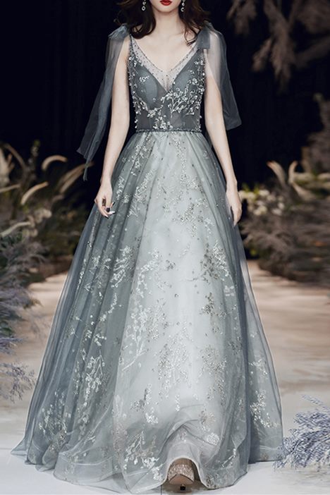 A-line Tulle Long Prom Dress with Tie HZ0307