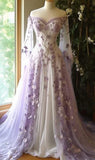 Aesthetic Ball Gown Off The Shoulder Tulle Lilac Party Dresses Long Prom Dress Evening Dresses, HZ0307
