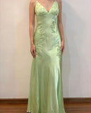 Apple Green Mermaid Long Prom Dresses Appliques Satin Evening HZ0307