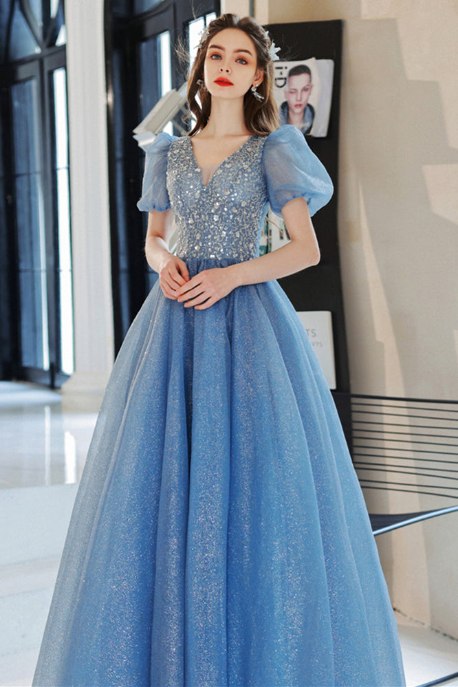 Beaded Blue A-line Short Sleeves Long Formal HZ0307