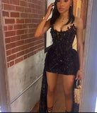 Black Appliques Beaded Tight Homecoming Dresses Mini Party HZ0307