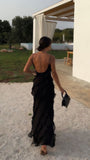 Black Chiffon Ruffle Evening Prom Dresses With Open HZ0307