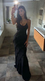 Black Chiffon Ruffle Evening Prom Dresses With Open HZ0307