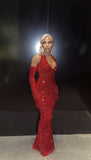 Black Girl Red Halter Sequin Mermaid Prom Dresses V-Neck Full Length Ball HZ0307