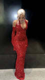 Black Girl Red Halter Sequin Mermaid Prom Dresses V-Neck Full Length Ball HZ0307