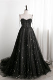 Black Corset Satrs Tulle A-line Long Formal HZ0307