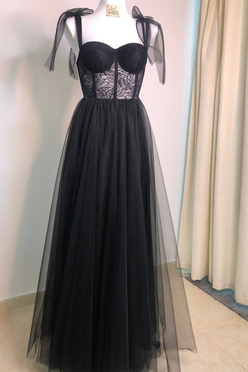 Black Lace Corset Tulle A-line Long Prom HZ0307