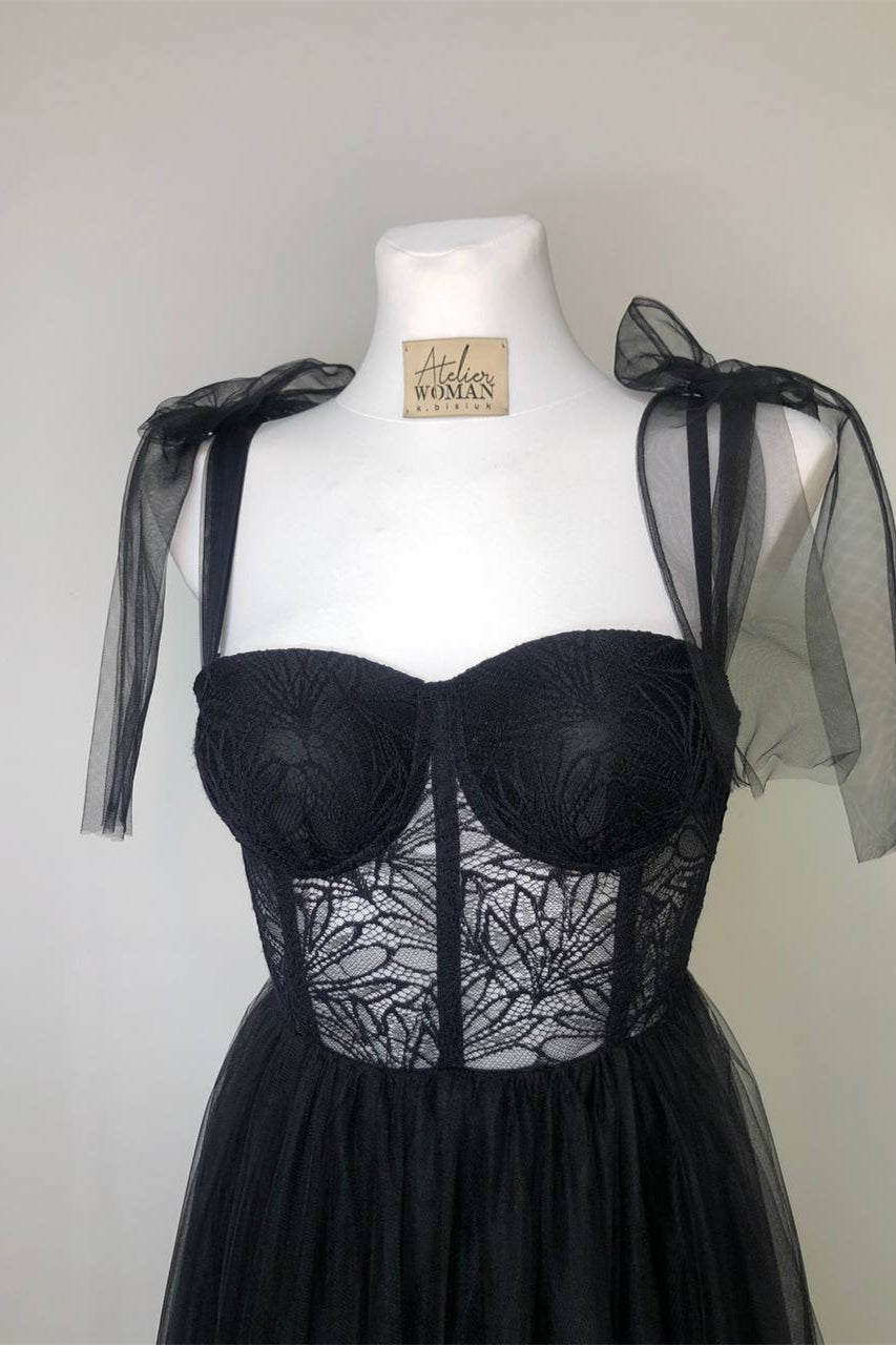 Black Lace Corset Tulle A-line Long Prom HZ0307