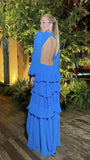 Blue Chiffon Long Sleeves Prom Dress With Open Back, HZ0307
