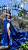 Blue Sweetheart A-Line Long Prom Dresses With Split, HZ0307