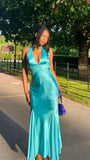 Blue V-neck Slim Prom Dresses Satin Sexy Party HZ0307