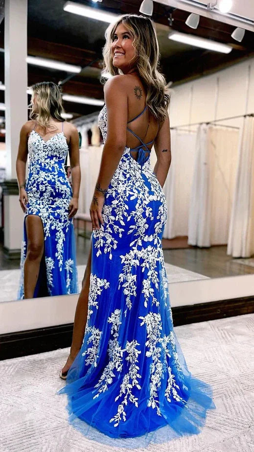 Blue Appliques Mermaid Prom Dresses Split Tulle Evening Graduation HZ0307