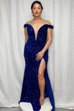 Blue Sequin Off the Shoulder Twist Slit Mermaid Long Formal HZ0307