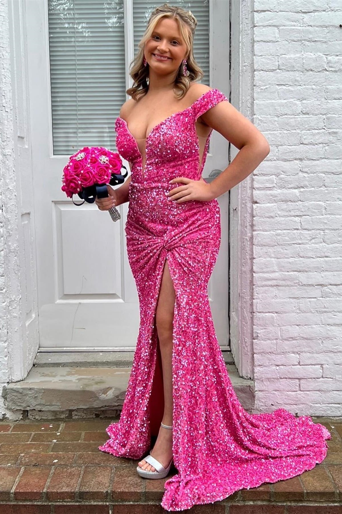 Blue Sequin Off the Shoulder Twist Slit Mermaid Long Formal HZ0307