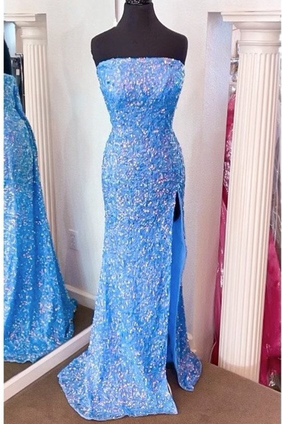 Blue Sequin Strapless Mermaid Long Prom Dress with HZ0307