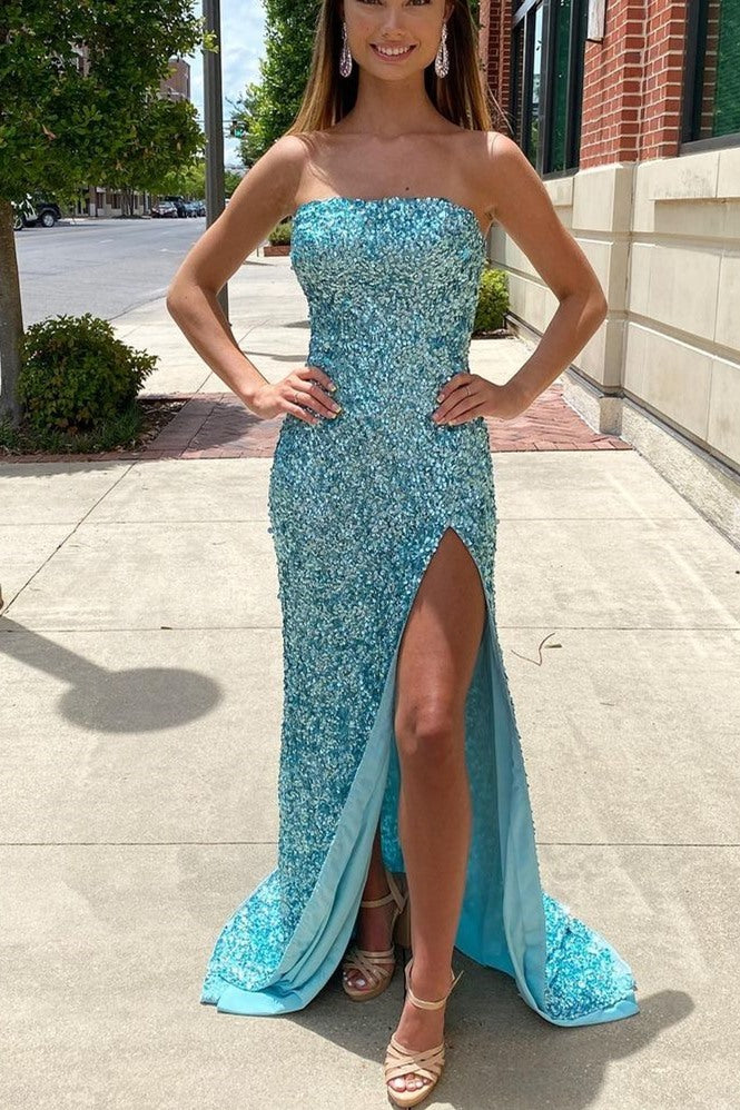 Blue Sequin Strapless Mermaid Long Prom Dress with HZ0307