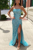 Blue Sequin Strapless Mermaid Long Prom Dress with HZ0307