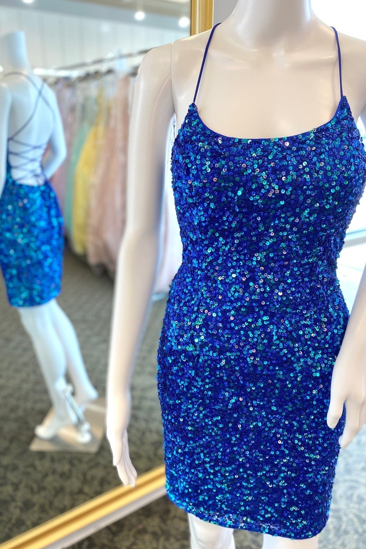 Blue Sequin Straps Bodycon Mini Dress with Cross HZ0307