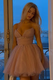 Blush Pink Tulle Homecoming Dresses Spaghetti Straps A-line Graduation Dress Short Prom HZ0307