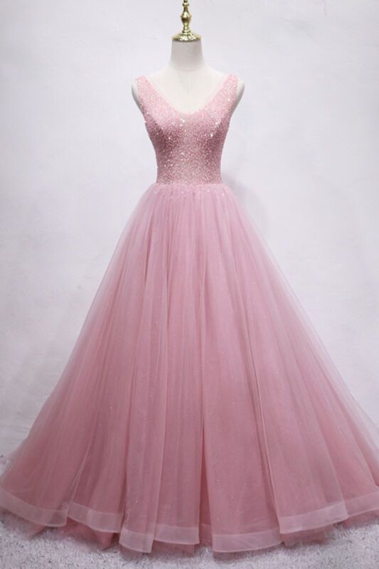 Blush Pink A-line Tulle Long Formal HZ0307