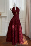 Burgundy Halter Lace Party Dresses Slim Middle Long Prom HZ0307