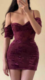 Burgundy Lace Floral Homecoming Dresses Tight Spaghetti Straps Hoco HZ0307