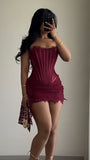 Burgundy Lace Homecoming Dresses Tight Strapless Cocktail HZ0307