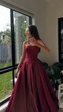 Burgundy Strapless A-line Senior Prom Dress Sleeveless Graduation Party HZ0307